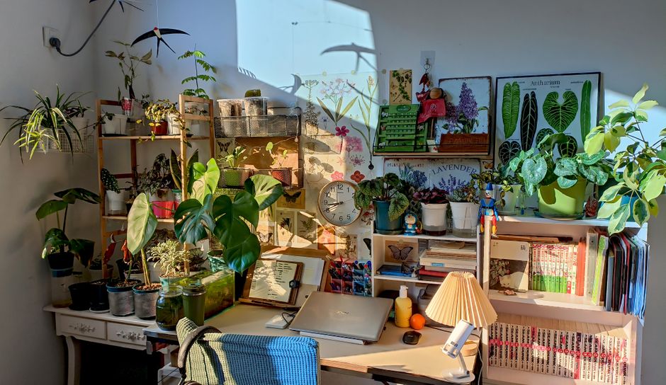 Bright and inviting home office filled with potted plants and inspiring decor, perfect for a creative workspace.